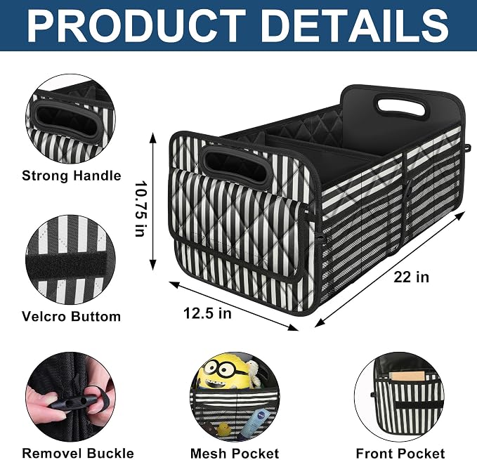 Trunk Organziers and Storage with Reinforced Handles,Car Accessories for Women/Men 50L Waterproof Polyester Trunk Organzier for Car/SUV/Minivan/Truck(Medium,Stripe)