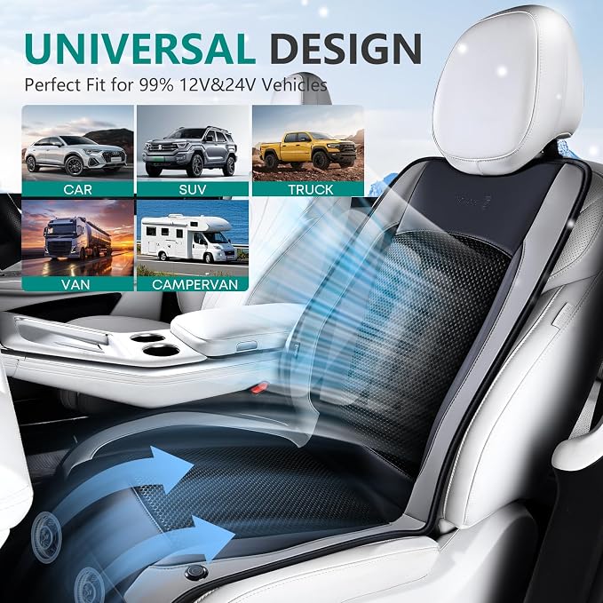 Cooling Car Seat Cover Front Seat, 12V-24V Ventilated Seat Cushion, Cooling Car Seat Cushion with 2 Powerful Turbo Fans 3-Speed Adjustable for Summer Driving, Universal Fit for Car SUV Truck