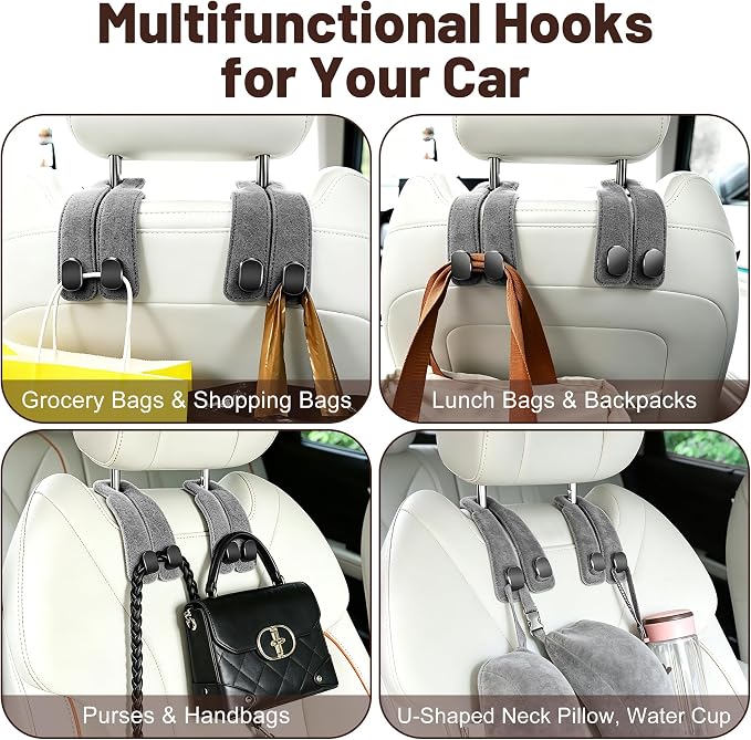 SUKIPIN Car Hooks, Car Seat Headrest Hooks for Purses and Bags 2-Pack Gray | Car Accessories for Women, Solid Durable Construction, Quick Tool-free Mounting, Universal Fit for Most Vehicle Headrests