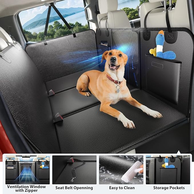Back Seat Extender for Dogs Truck-Large Space, Hard Bottom PU Leather Dog Pet Seat Cover Back Seat, Anti-Scratch Dog Hammock for Crew Cab Trucks F150, RAM1500, Sierra, Tundra, Silverado