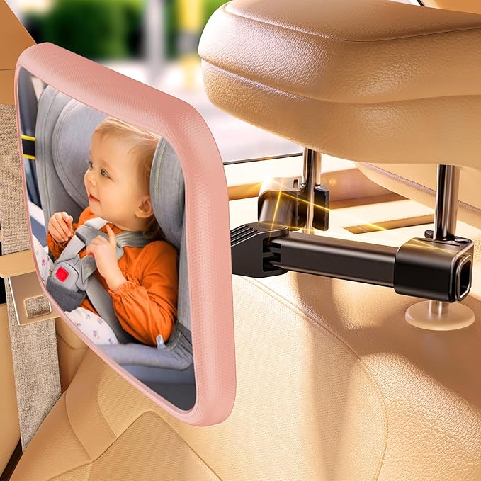 Baby Car Mirror with Stable Hook Clip, Never Falls or Shakes, Rear Facing Car Seat Mirror for Baby Newborn Essentials, Easy Install, Shatterproof & Crash Tested, Pink