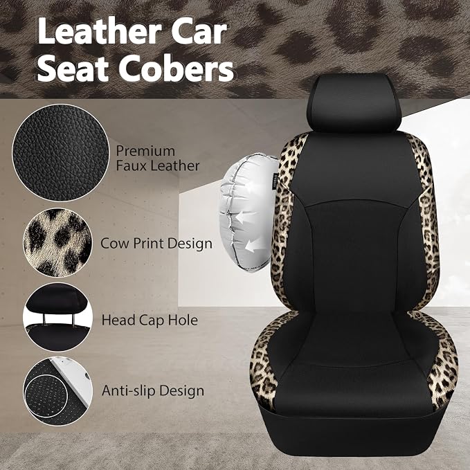Leopard Print Faux Leather Car Seat Covers & Leopard Car Mats&Leopard Steering Wheel Cover Seat Belt Universal Car Accessories for SUV,Van,Saden,Truck Automobile Interior Sets(Gold Black)