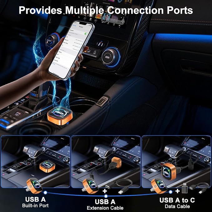 4-in-1 Wireless CarPlay Adapter for iPhone & Android Phone, Wireless Screen Mirroring Adapter for Factory Wired CarPlay Cars, Video Casting Auto Reconnect(Yellow I 4 in 1 Wireless Mirroring)