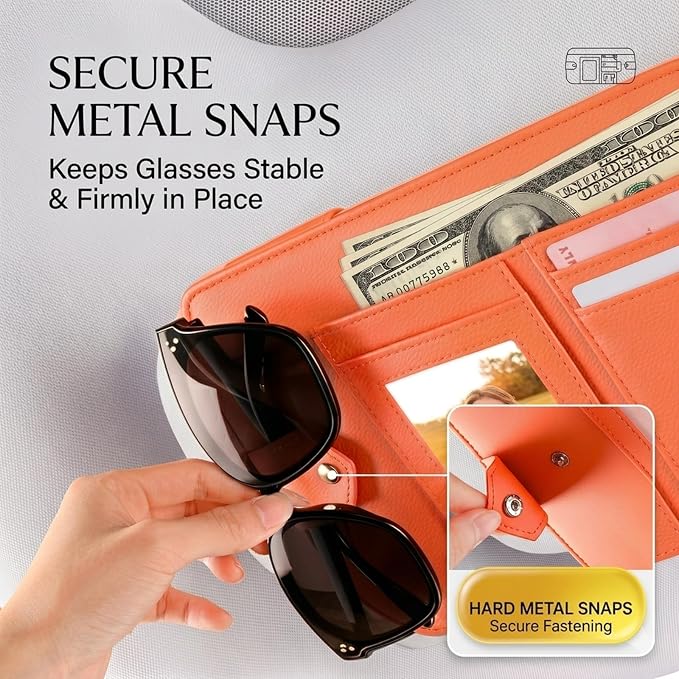Car Sun Visor Organizer, Multi-Pocket Auto Interior Storage Pouch with Secure Metal Clip Hook and Loop Straps, PU Leather Visor Case for Sunglasses, Cards, Photos, Pen, Universal Fits (Beige)