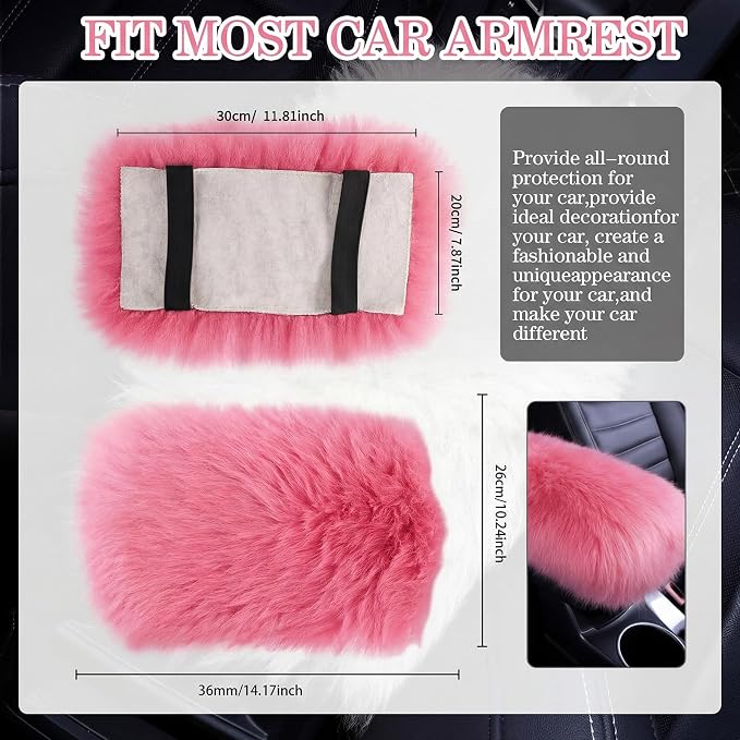 Furry Armrest Cover Auto Center Console Cover Car Soft Console Pad, Real Sheepskin Wool Soft Fluffy Auto Center Armrest Pad for Most Car Decoration Protector(Pink)