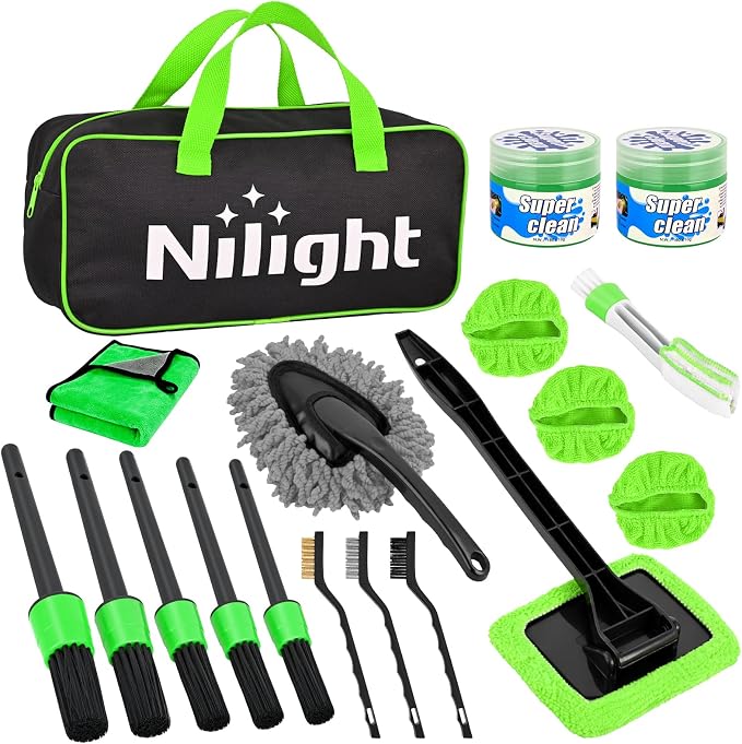 15PCS Car Detailing Kit Auto Cleaning Tools Wash Set with Storage Carry Bag Beginners Easy to Use for Interior Exterior Car Care Clean Windshield Dashboard Seat Air Vents Wheels Tires, Green