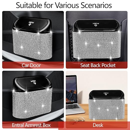 Bling Car Trash Can with Lid, Mini Auto Garbage Can with 30 Trash Bags, Leakproof Automotive Garbage Container Bin, Bling Car Accessories Trash Can for Women (Silver Diamond)