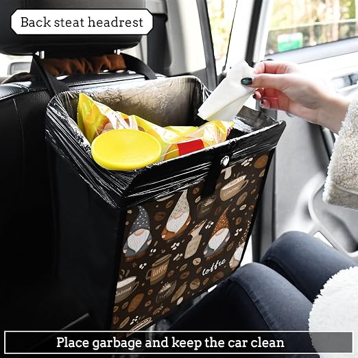 Car Trash Can Organizer Bin with Adjustable Strap for Back Front Seat Console Waterproof Leakproof Collapsible Portable 8.66 Inch Brown Gnomes Coffee Beans Cups