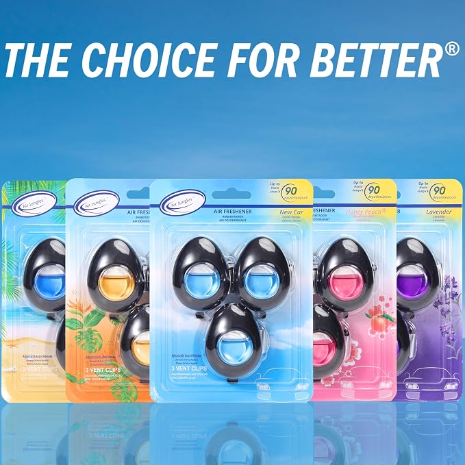 Car Air Freshener Vent Clip 3 Ct, New Car Scent | Long-Lasting Car Odor Eliminator, Easy Clip-On, Up to 90 Days Freshness for Cars, Trucks, and SUVs, 4 mL Each