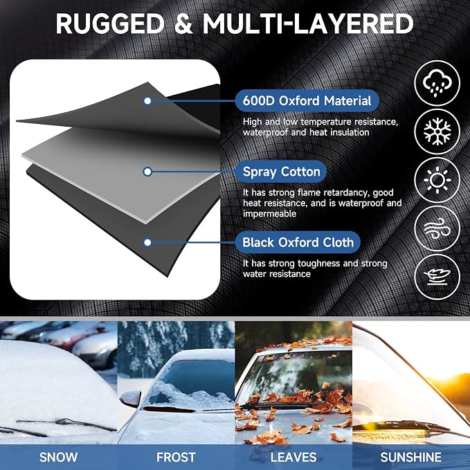 Car Windshield Snow Cover with Side Mirror Cover & 2 in 1 Brush | Thickened 4 Layers, Cold Protection, Ice Scraper, For Most Cars SUVs Trucks