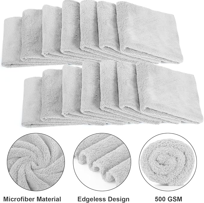 30 Pcs Edgeless Microfiber Plush Towels for Cars Detailing Drying Wash Polishing Absorbent Cleaning Cloths, 500 GSM (16 x 16 Inch,Light Gray)