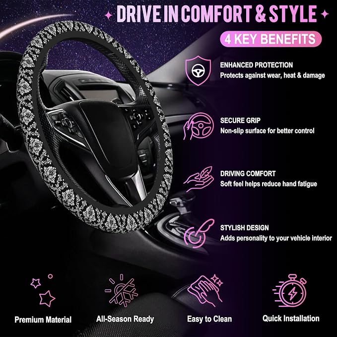 Black and White Damask Steering Wheel Cover for Women Men Neoprene Breathable Wheel Cover Protector Anti-Slip Car Accessories Universal 15 Inch Fit for Cars Trucks Vehicles