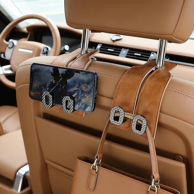 Car Headrest Hooks Universal Car Purse Hook Premium Leather and Alloy Twin Hook Car Seat Back Storage Hanger Hook for Purse Bags Cloth Drink Durable Holder Car Accessories (BH09-Brown-Black)