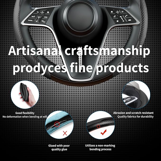 3Pcs Carbon Fiber Steering Wheel Cover Universal Fit 99% Cars | Non-slip soft grip, easy to wipe clean, quick to install, perfect for daily commutes and road trips, Black