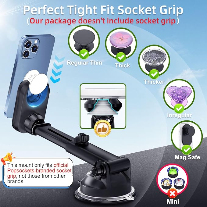 Car Phone Mount for Pop Socket: Suction Cup Cell Phone Holders for Automobile Dashboard Windshield Window - Dash Mounted Cellphone Stand Black Fits Thick Socket Wallet Grip for iPhone Samsung