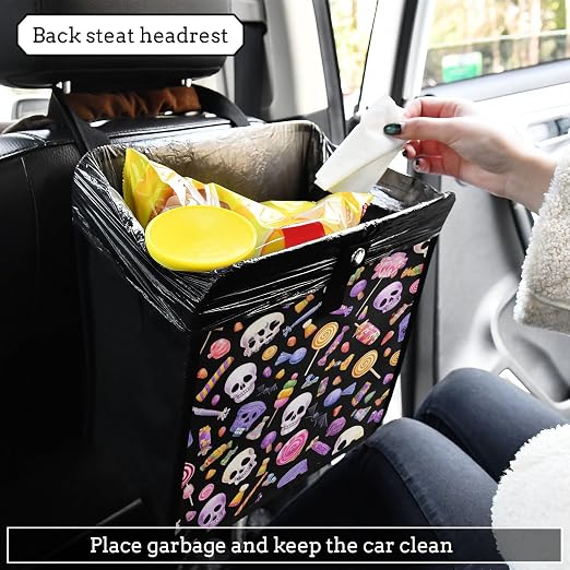 Car Trash Can Organizer Bin with Adjustable Strap for Back Front Seat Console Waterproof Leakproof Collapsible Portable 8.66 Inch Halloween Skulls Lollipops Candies