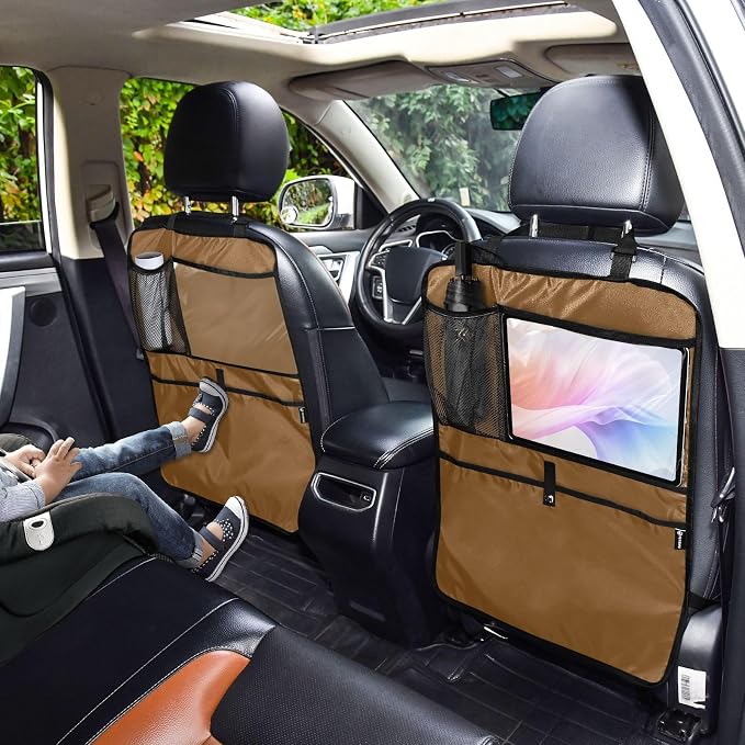 Brown Car Seat Organizer for Kids Backseat Kick Mat with Adjustable Strap Back Seat Protector for Vehicle Car SUV 2 Pcs