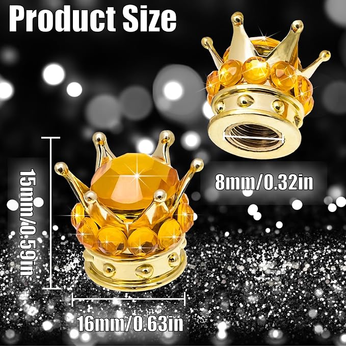 4PCS Crown Bling Tire Stem Valve Caps, Crystal Diamond Car Wheel Tire Valve Caps Universal Copper Core Stem Covers for Cars, SUV, Trucks, Bikes, Motorcycles, Bicycles (Gold)