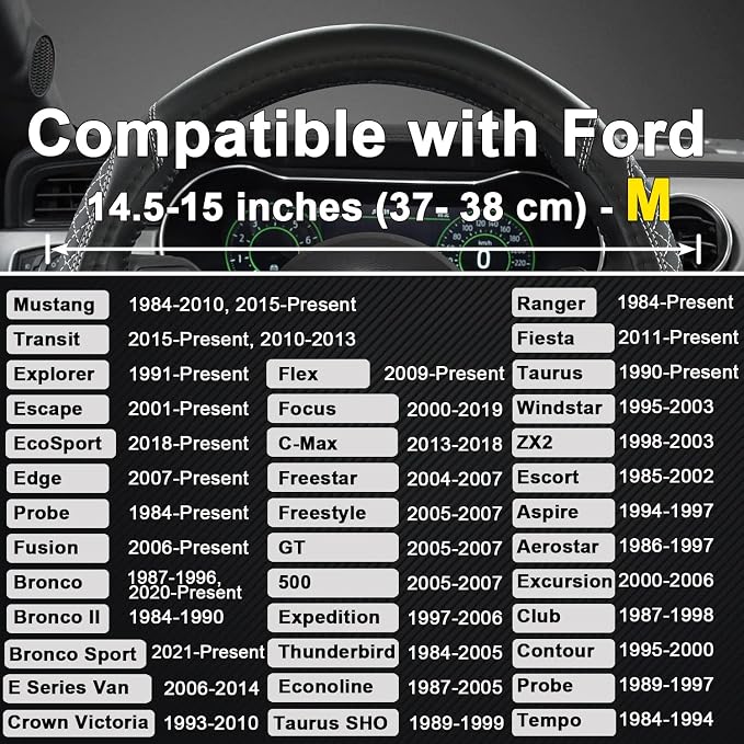 Car Steering Wheel Cover for Ford Escape,Explorer,Fusion,Focus,Bronco,Transit,Edge(Diamond Quilted - Black+Gray- Standard Size)