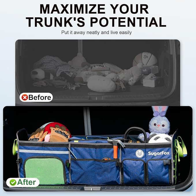 Bold Color Block Trunk Organizer | 95L, 35"x13.8"x11.8" | Dedicated Shoe Storage & 26L Ice Pack | Foldable for SUV/Car/Jeep | Car Accessories for Men & Women - Blue-X212