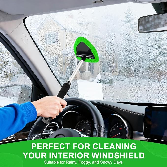 Windshield Cleaner Tool, Car Interior&Exterior Window Cleaning Tool with Extendable Handle & 4 Reusable Microfiber Pads, Auto Glass Wiper Brush Kit for Cars (Green)