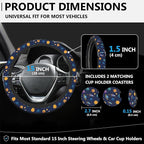 Cartoon Rocket Space Steering Wheel Cover for Women, Anti-Slip Doodle Planet Car Steering Wheel Cover with 2 Pcs Cup Holders Neoprene Breathable Car Accessories Universal 15 Inch Auto Interior Decor