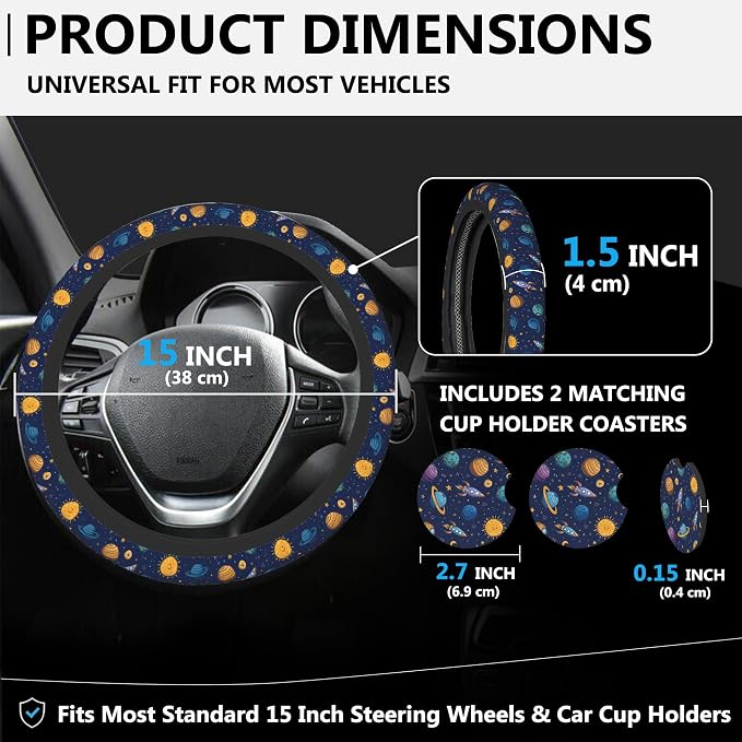 Cartoon Rocket Space Steering Wheel Cover for Women, Anti-Slip Doodle Planet Car Steering Wheel Cover with 2 Pcs Cup Holders Neoprene Breathable Car Accessories Universal 15 Inch Auto Interior Decor