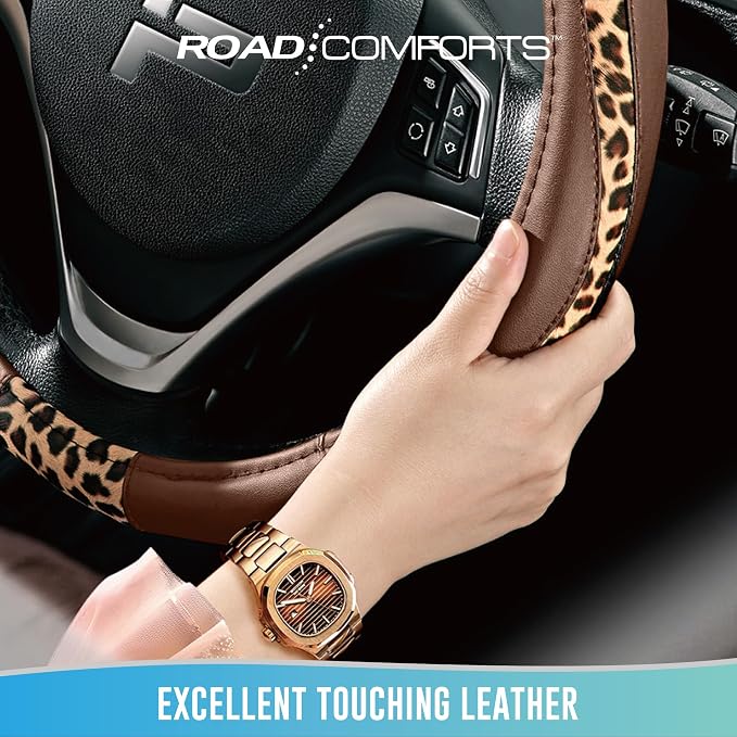 Steering Wheel Cover - Made with PVC Leather and Leopard Fabric - Universal 14 1/2 inches to 15 inches for Most Automotive Steering Wheel - Cheetah Print - Brown