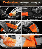 7PCS Motorcycle Cleaning Kit with 2-Size Bendable Wheel Brushes-Hard Reach Brush,Tire and Chain Brush, Boar Hair Detailing Brush, Wash Mitt & Microfiber Towel for Dirt Bike & Car Wheels