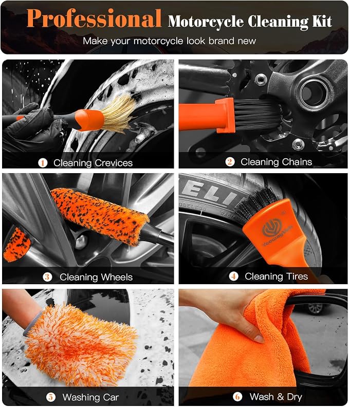 7PCS Motorcycle Cleaning Kit with 2-Size Bendable Wheel Brushes-Hard Reach Brush,Tire and Chain Brush, Boar Hair Detailing Brush, Wash Mitt & Microfiber Towel for Dirt Bike & Car Wheels