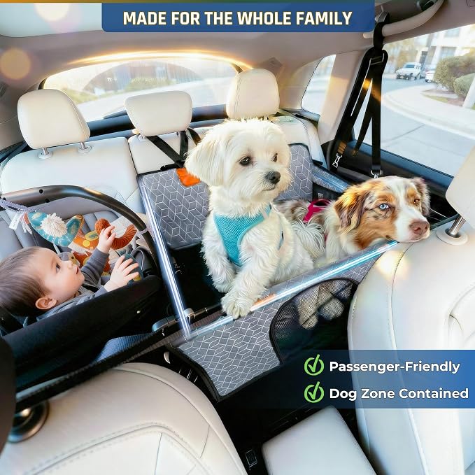 Dog Car Seat for Large Medium Dogs | Waterproof Dog Seat Cover for Back Seat with Hard Bottom | Alloy Twist-Lock Rods | 3 Mesh Windows | Removable Fleece Mat | Cars, SUVs, Trucks (Grey)