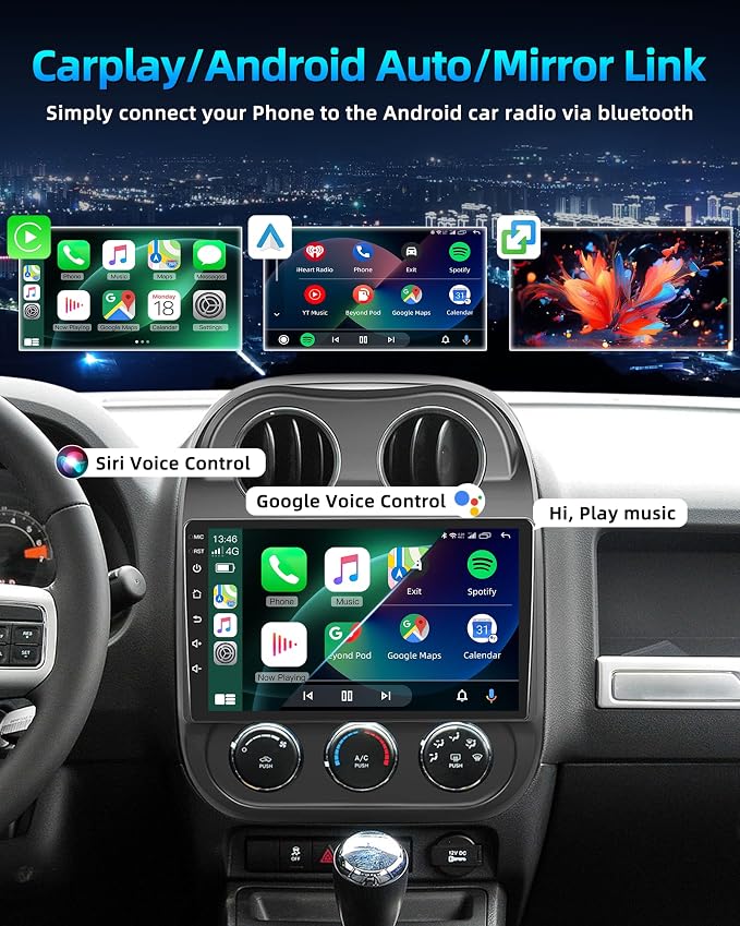 Car Radio Stereo for Jeep Compass Patriot 2010-2016 with Wireless CarPlay Android Auto, 10 inch Touchscreen Car Stereo with Bluetooth5.0,Android 13, 5G WiFi,FM,GPS,Backup Camera,SWC,Mirror Link