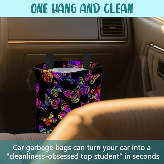 Car Garbage Bag Watercolor Colorful Butterflies Hanging Canvas Car Trash Bag Waterproof Drawstring Car Back Seat Organizer for Car Back Front Seat Console with Adjustable Buckle