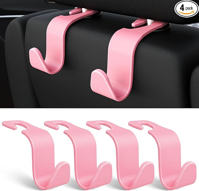 Universal Car Headrest Hooks, Car Organizer Hanger Storage Hooks for Bag Purse Cloth Grocery (Pink Set of 4)
