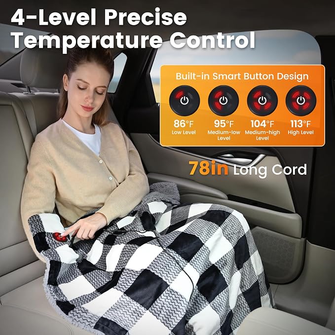 Car Heated Blanket, 12-Volt Portable Heated Car Blanket with 4 Heating Levels & 4 Hours Auto Off for Car, Truck, SUV, RV or Camping, Travel, Machine Washable, 59" X 43", Plaid