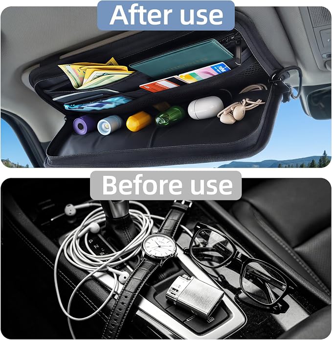Car Sun Visor Organizer, Heavy Duty MOLLE Storage Pouch with Zipper Pockets, Elastic Straps and Glasses Clip, 1000D Nylon Tactical Visor Organizer for Car/SUV/Truck