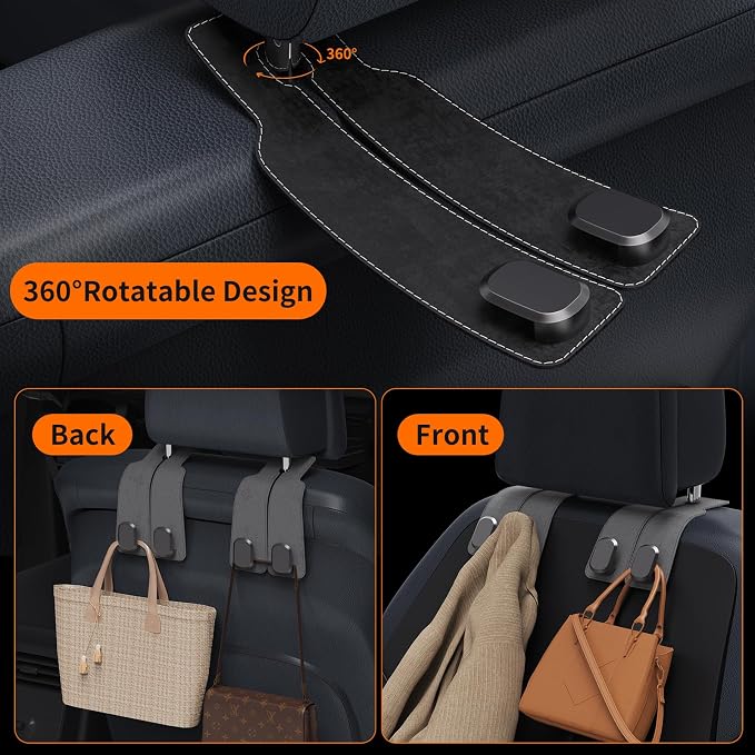 BiYiQi Headrest Hooks for Car, Seat Back Storage Hook Leather Alloy Car Purse Hook, Car Seat Storage Hanger, Car Hooks for Purses, Bags, Handbags,(2 Pack),Gray