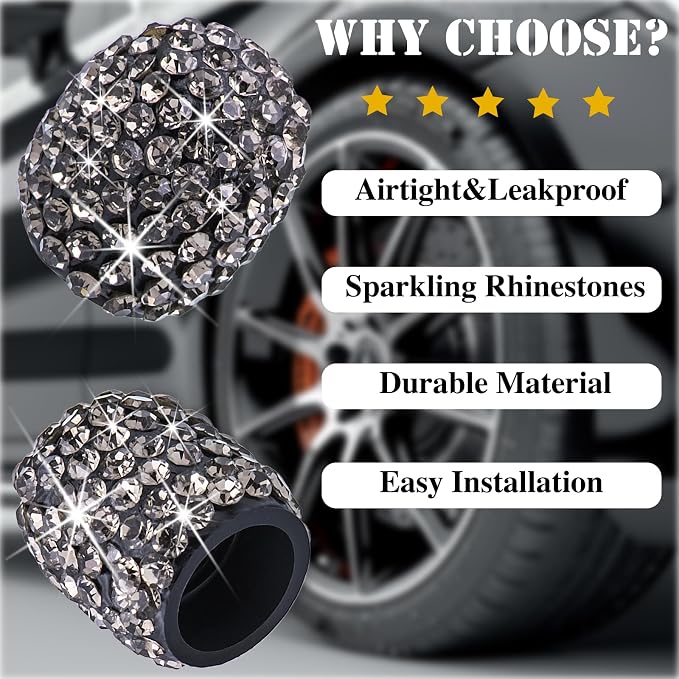 4PCS Bling Crystal Diamond Tire Stem Valve Caps, Dustproof Car Wheel Tire Valve Caps Universal Tire Valve Stem Covers for Cars, SUV, Trucks, Bikes, Motorcycles, Bicycles (Gray)