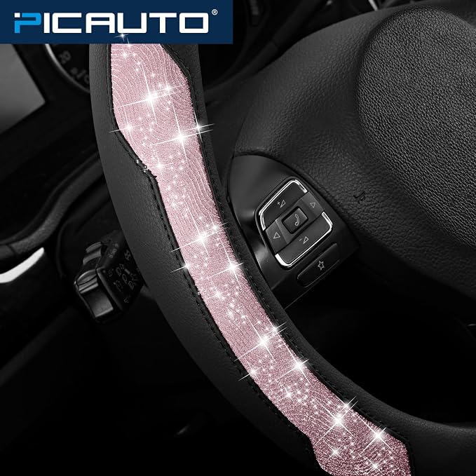 Steering Wheel Cover, Pink Sparkly Crystal Bling Glitter with Leather, Universal Fit 14.5"-15.5" Car Steering Wheels for Girls & Women, Anti-Slip Wheels Cover for Cars, Trucks, Van, SUVs