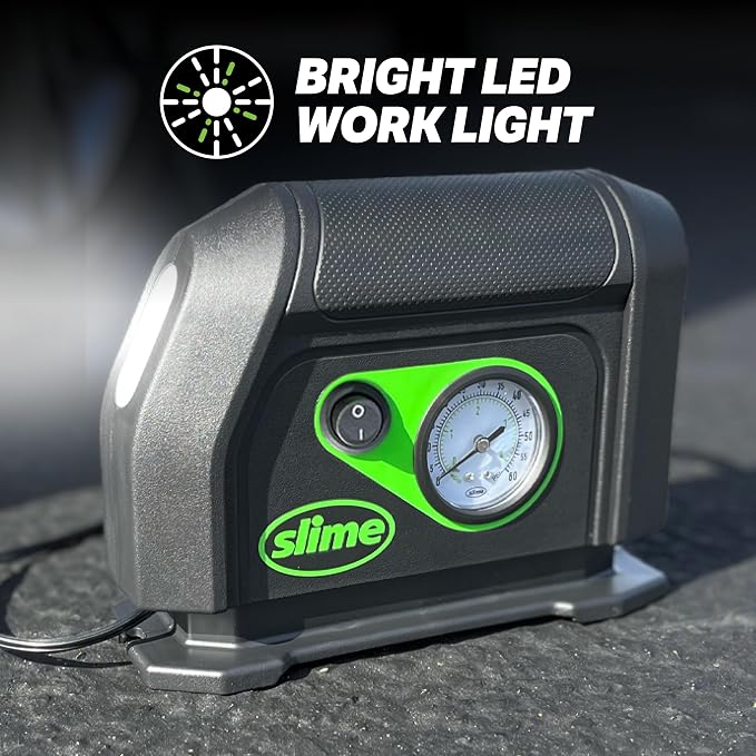40050 Tire Inflator, Portable Car Air Compressor, with Analog 100 psi Dial Gauge, Long Hose and LED Light, 12V, 8 min Inflation