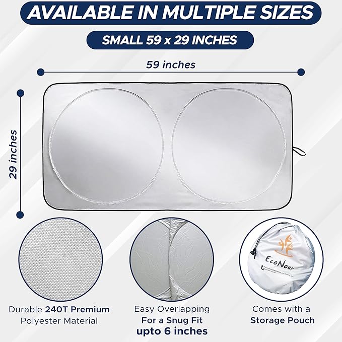 Car Windshield Sun Shade | 2025 Upgraded Innovative No-Light-Pass Technology for Maximum Coverage | Foldable Sun Shade Keeps Your Vehicle Cool | Must-Have Car Accessories | Small (59" x 29")