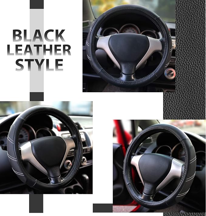 Leather Steering Wheel Cover 15 1/2 to 16 inch Universal Large Soft Grip Breathable for Car Truck SUV Jeep Anti Slip Black