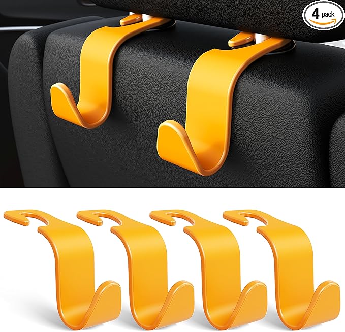 Car Seat Headrest Hook 4 Pack Hanger Universal Vehicle Car Storage Organizer for Handbag Purse Coat S Type Yellow