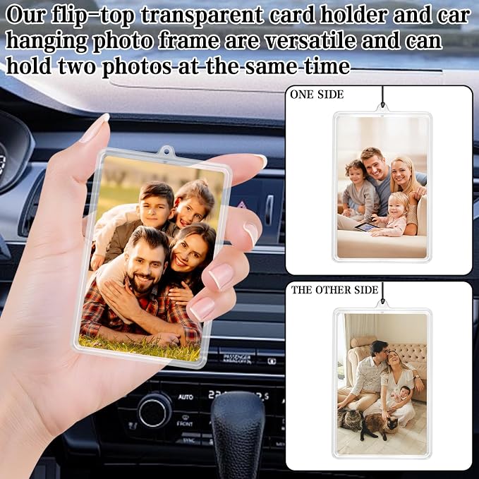4Pcs Flip-Top Transparent Card Holder Car Hanging Photo Frame with Black Rope, Car Picture Holder Decor, Custom Rear View Mirror Hanging Picture Photo Ornament
