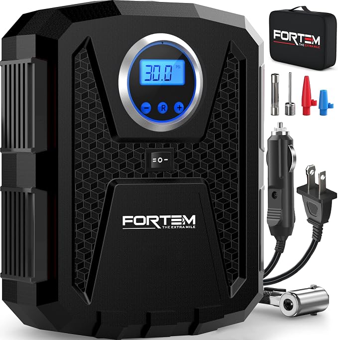 Tire Inflator Portable Air Compressor, Air Pump for Car Tires and Bikes, Car Tire Pump w/Auto Shut Off, 150 PSI, 110V AC 12V DC, LED Light, Carrying Case, Perfect For Men, Women