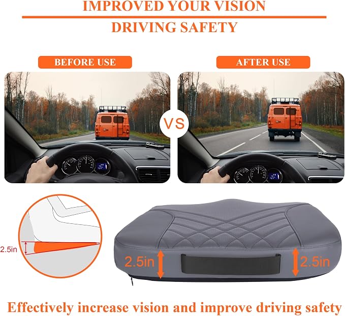 Premium Car Seat Cushion, Memory Foam Driver Seat Cushion to Improve Driving View- Coccyx & Lower Back Pain Relief - Seat Cushion for Car, Truck, Office Chair (Leather Dark Gray)