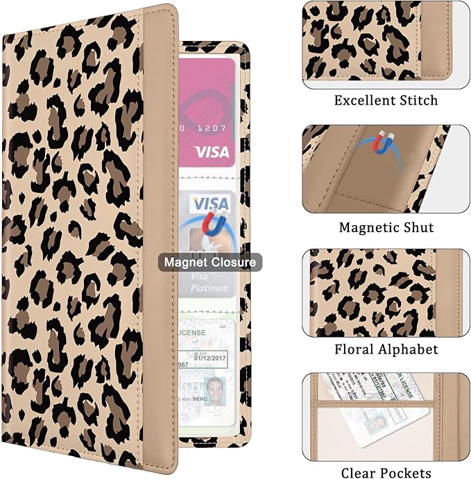 Car Registration and Insurance Holder, with Magnetic Closure for License, Cards and Documents, All Vehicle Needs and Car Accessories (Leopard-Yellow)