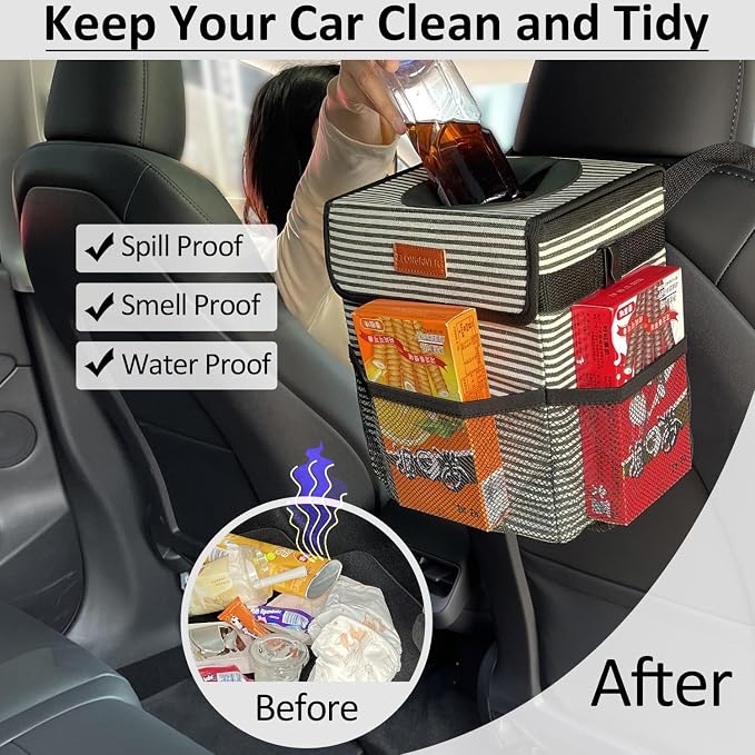 Car Trash Can for Car with Lid, Car Organizer Can Trash Bag Hanging Leak Proof Vehicle Trash Can (Stripe Print, 2 Gallons)