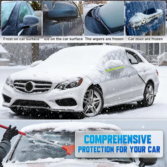 6 Layers Windshield Snow Cover Universal Midsize Sedan/Compact SUV Protection Hail & Snow Shield | Scratch-Free Hooks + Reflective Strips + Mirror Covers
