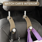 Car Headrest Hooks, 2 Pack Leather Car Seat Storage Hanger for Purses Bags, Stylish Car Seat Organizer Hooks for Handbag Coat Umbrellas, Car Inside Accessories, Apricot